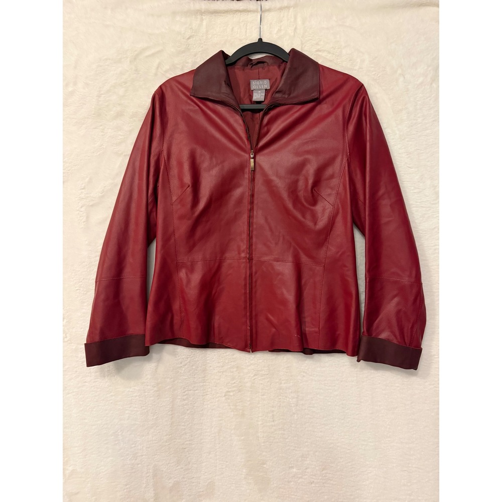 Sigrid Olsen Red Leather Jacket Womens Size 10 Full Zip Collared MIMU8967C
